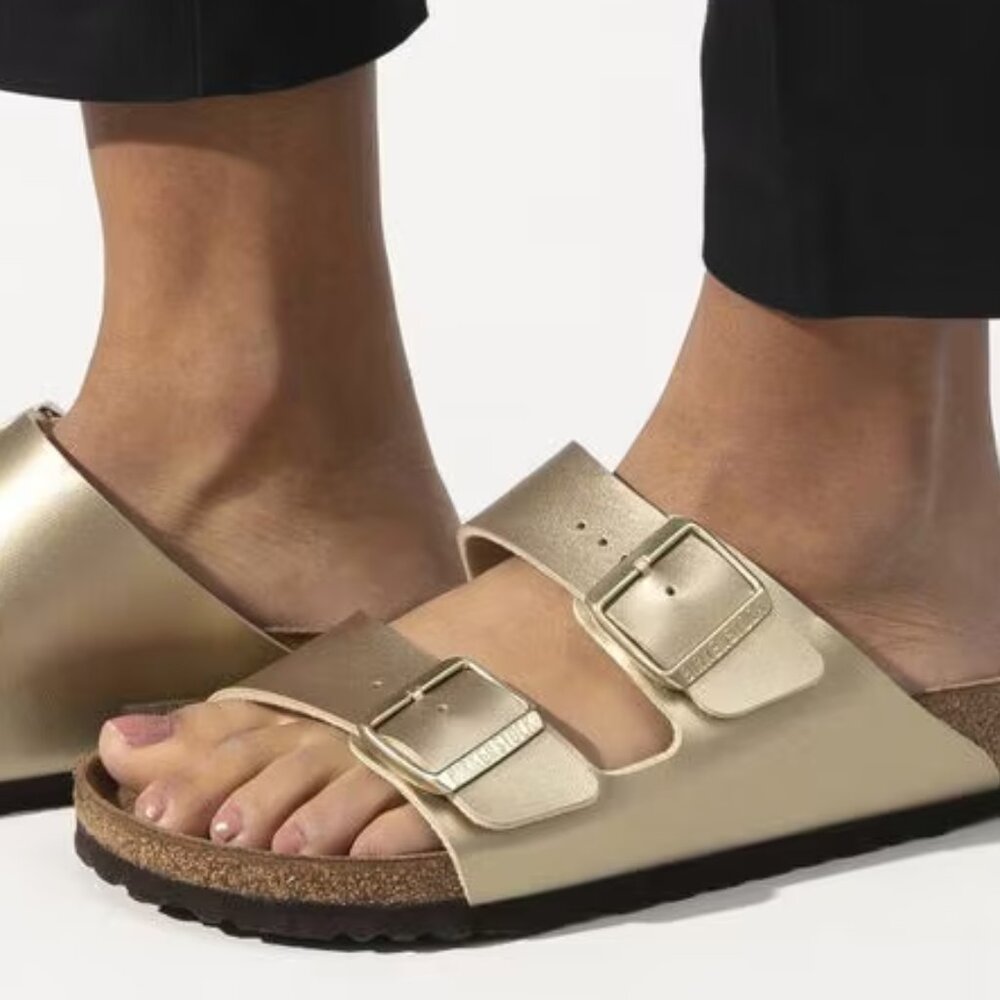 Gold Birkenstock Sandals with Brass Buckles